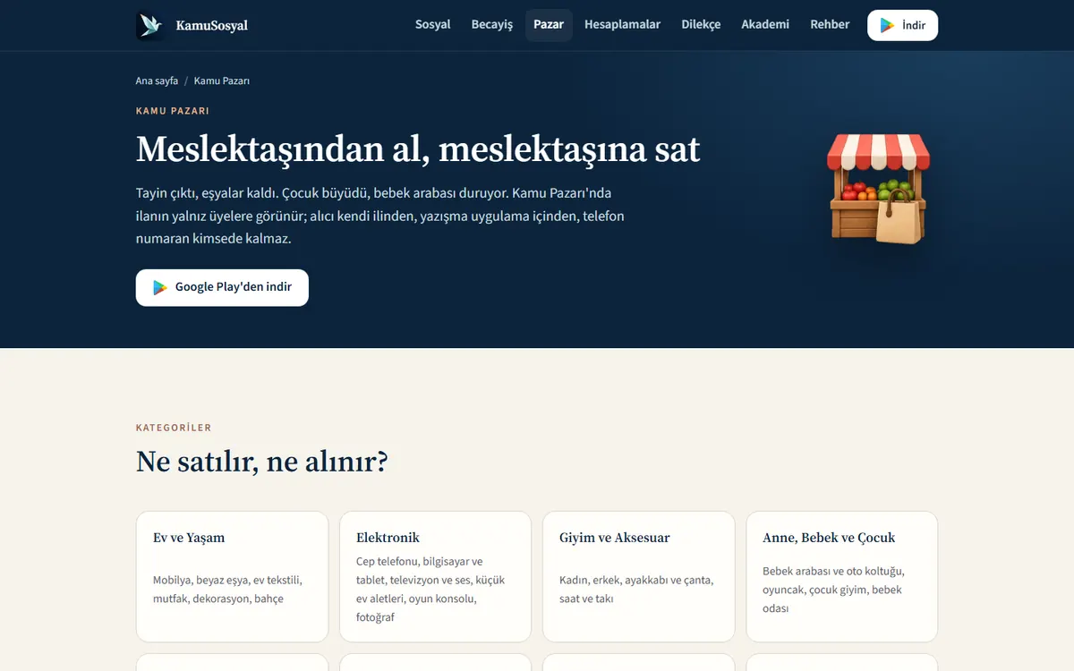 kamucalisanlariplatformu.com Kamu Pazarı sayfası: Meslektaşından al, meslektaşına sat