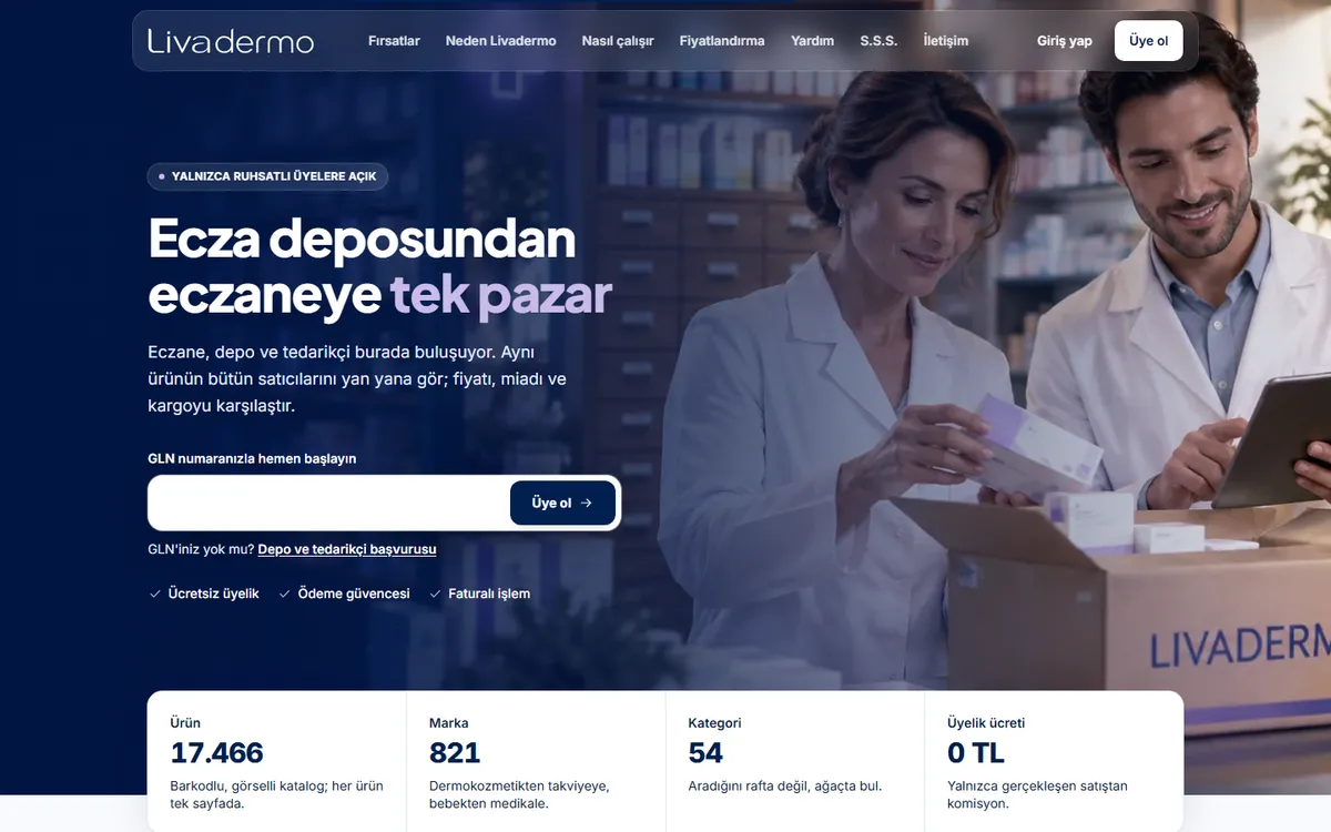 livadermo.com ana sayfası: Ecza deposundan eczaneye tek pazar başlığı ve GLN ile üye olma kutusu