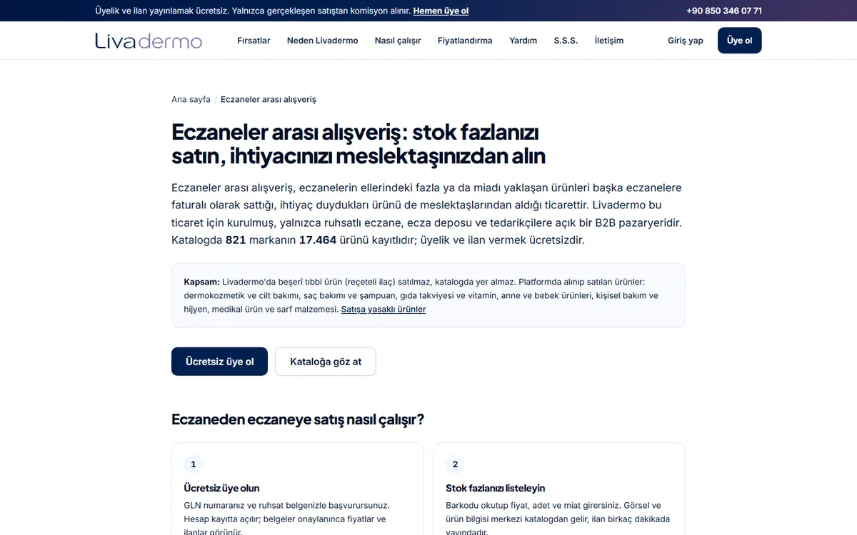 livadermo.com eczaneler arası alışveriş sayfası: stok fazlanızı satın, ihtiyacınızı meslektaşınızdan alın