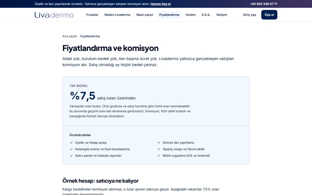 livadermo.com fiyatlandırma sayfası: yüzde 7,5 tek komisyon modeli ve ücretsiz olanlar listesi