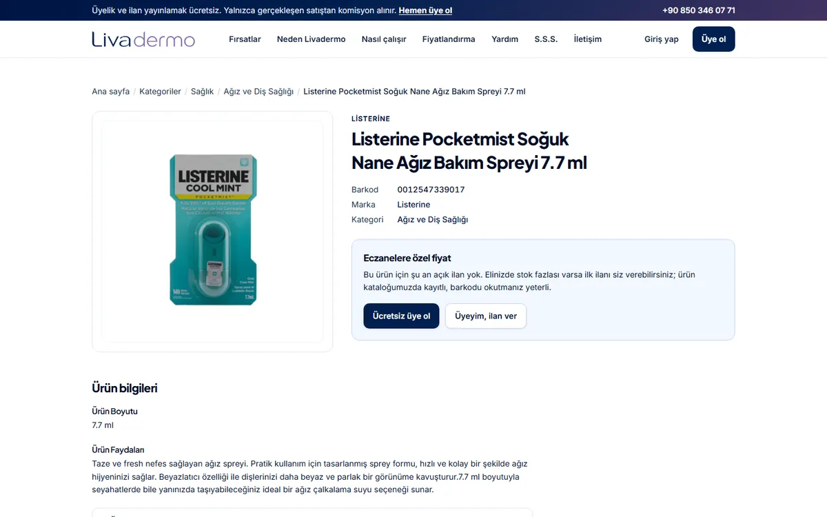 livadermo.com açık katalogda bir ürün sayfası: barkod, marka, kategori ve eczanelere özel fiyat kutusu